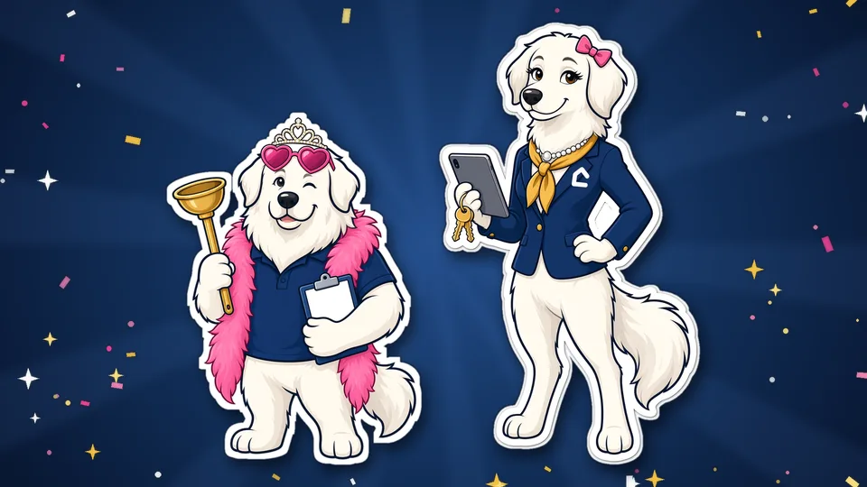 The Glamorous Life of a Landlord cartoon duo: the Great Pyrenees mascot in a tiara and pink boa holding a plunger, beside his co-star in a navy blazer