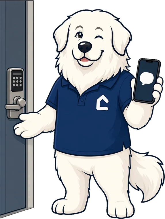 The CompanionPMA mascot standing next to a door's keypad lock, holding up a phone with a message bubble