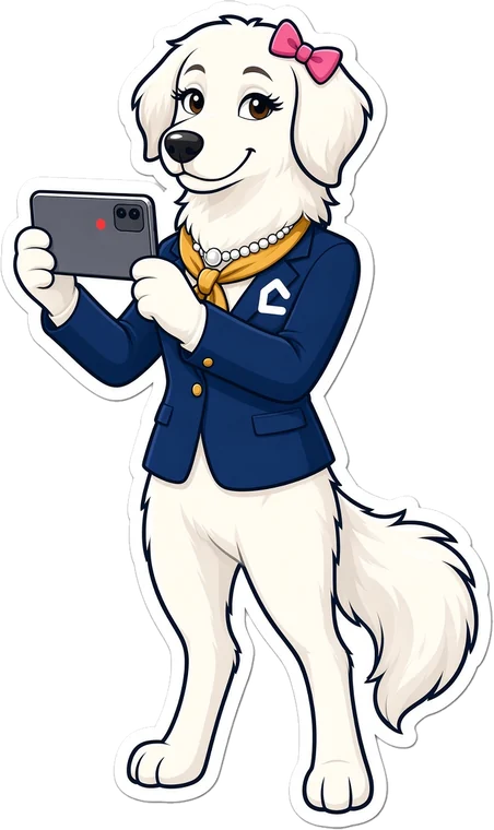 The lady Great Pyrenees property manager in a navy Companion blazer, filming a unit inspection on her phone